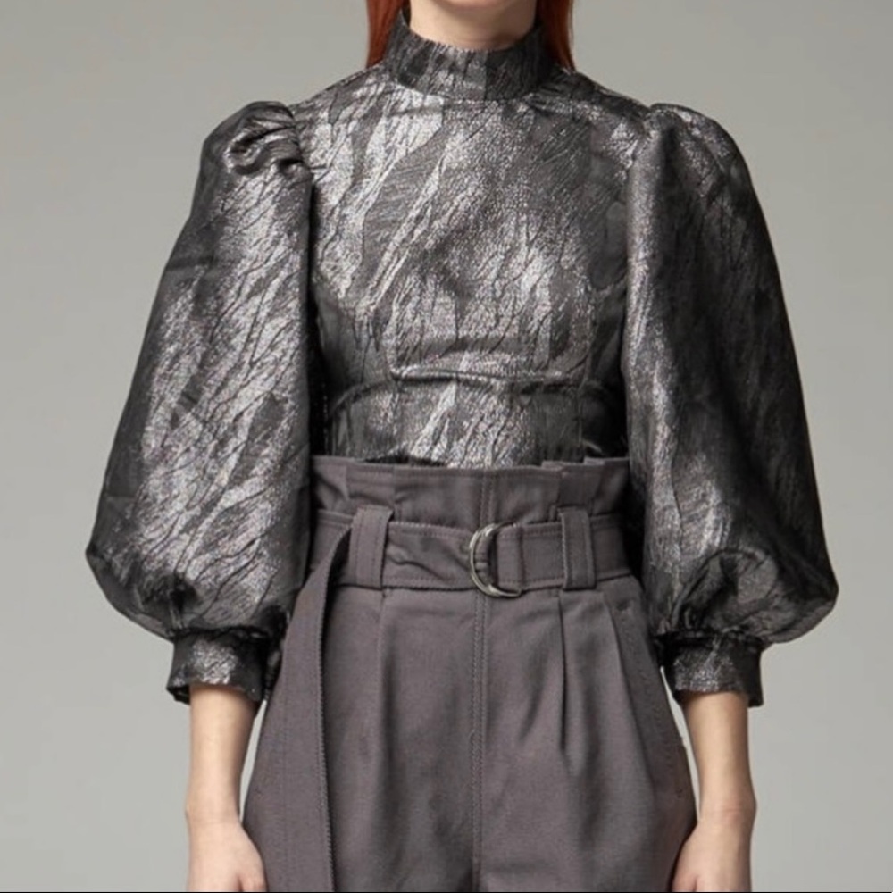 GANNI Metallic Jacquard Brocade Puff Sleeve Top
